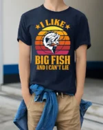 Funny Fishing T-Shirt I Like Big Fish and I Can’t Lie - model wearing navy shirt, hands in pockets
