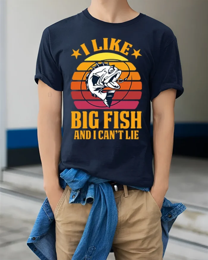 Funny Fishing T-Shirt I Like Big Fish and I Can’t Lie - model wearing navy shirt, hands in pockets