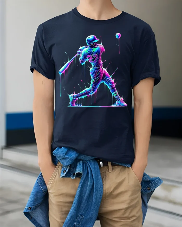 Neon Baseball Hitter Splash Art Graphic T-Shirt - model wearing navy shirt, hands in pockets