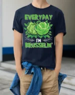 Funny Vegan T-Shirt Everyday I’m Brusselin’ Graphic Tee - model wearing navy shirt, hands in pockets