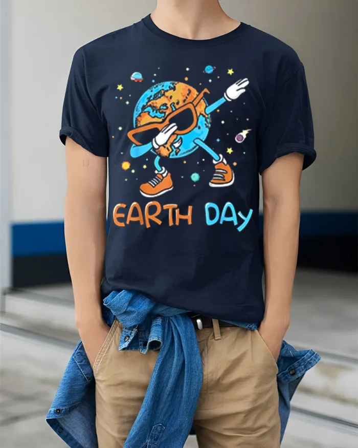 Funny Dabbing Earth Day T-Shirt - model wearing navy shirt, hands in pockets