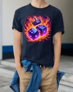 Flaming Dice and Crown Graphic T-Shirt for Game Lovers - model wearing navy shirt, hands in pockets