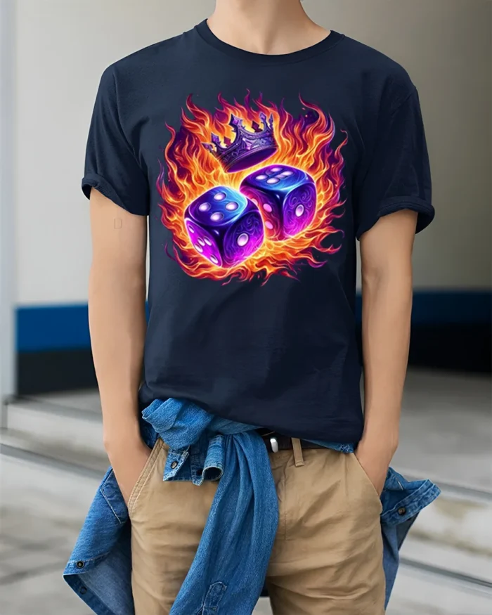 Flaming Dice and Crown Graphic T-Shirt for Game Lovers - model wearing navy shirt, hands in pockets