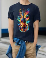 Colorful Violin Flame Art T-Shirt for Music Lovers USA - model wearing navy shirt, hands in pockets