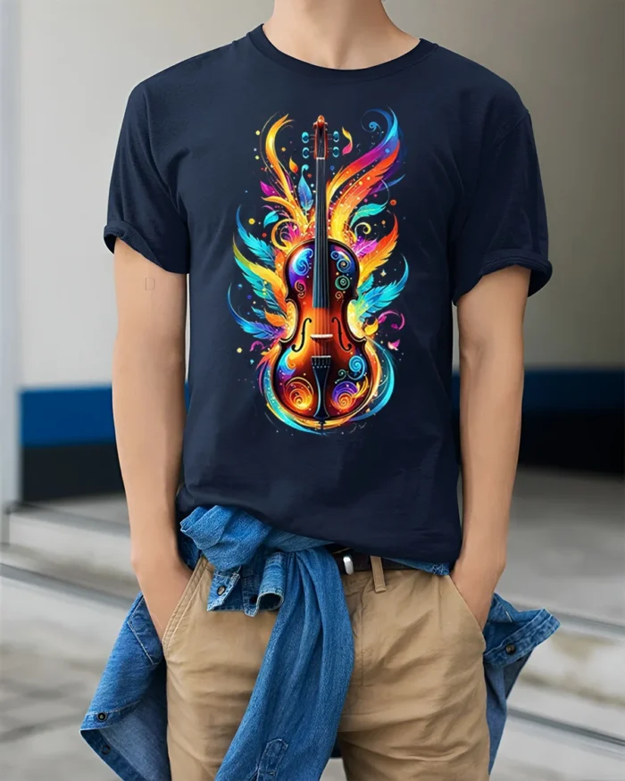 Colorful Violin Flame Art T-Shirt for Music Lovers USA - model wearing navy shirt, hands in pockets