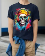 Street Style Skull Headphones T-Shirt for Music Lovers - model wearing navy shirt, hands in pockets
