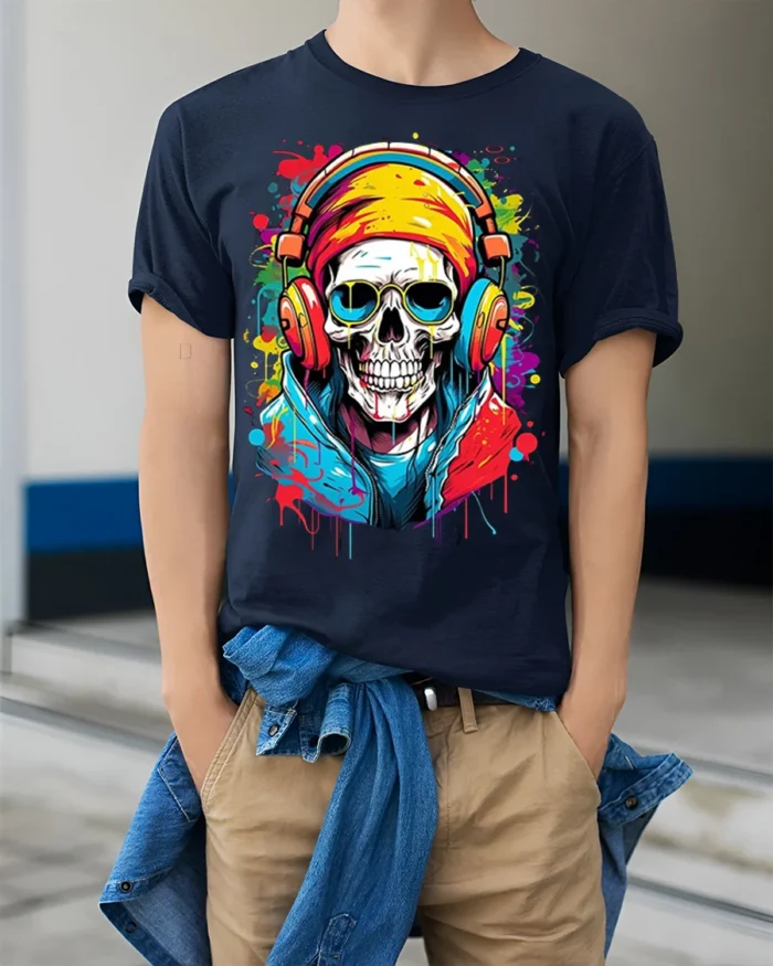 Street Style Skull Headphones T-Shirt for Music Lovers - model wearing navy shirt, hands in pockets