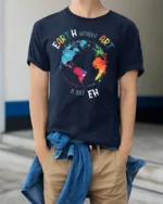 Earth Without Art T-Shirt Colorful Creative Quote Tee - model wearing navy shirt, hands in pockets