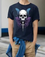 Skull Butterfly Gothic T-Shirt Dark Art Graphic Tee - model wearing navy shirt, hands in pockets