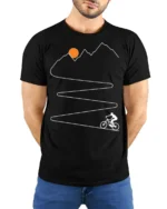 Mountain Climb Cycling Path Graphic T-Shirt for Men - model wearing black shirt, hands behind back