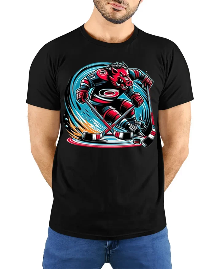 Fierce Boar Hockey Warrior Graphic T-Shirt Men’s Tee - model wearing black shirt, hands behind back