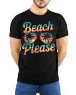 Beach Please Funny Sunset Graphic T-Shirt for Vacation - model wearing black shirt, hands behind back