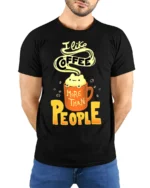 I Like Coffee More Than People Funny T-Shirt for Adults - model wearing black shirt, hands behind back