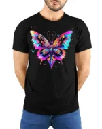 Colorful Butterfly Graphic T-Shirt Artistic Vibrant Tee - model wearing black shirt, hands behind back
