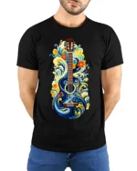 Artistic Floral Guitar T-Shirt Boho Music Lover Tee - model wearing black shirt, hands behind back
