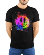 Colorful Smiley Face T-Shirt Mosaic Art Graphic Tee - model wearing black shirt, hands behind back