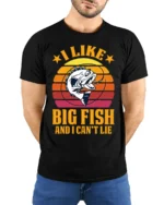 Funny Fishing T-Shirt I Like Big Fish and I Can’t Lie - model wearing black shirt, hands behind back