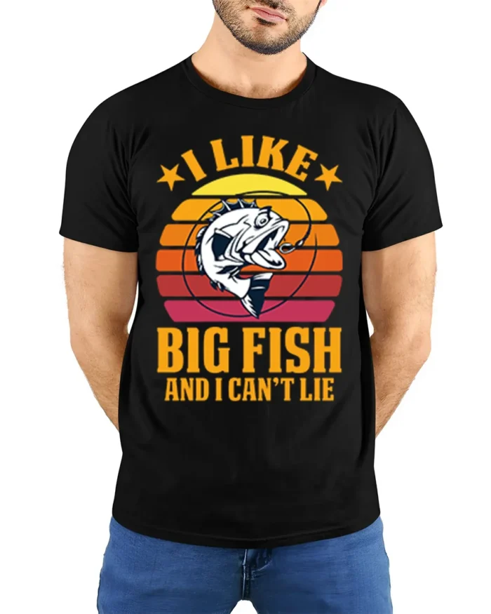 Funny Fishing T-Shirt I Like Big Fish and I Can’t Lie - model wearing black shirt, hands behind back