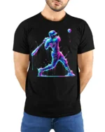 Neon Baseball Hitter Splash Art Graphic T-Shirt - model wearing black shirt, hands behind back