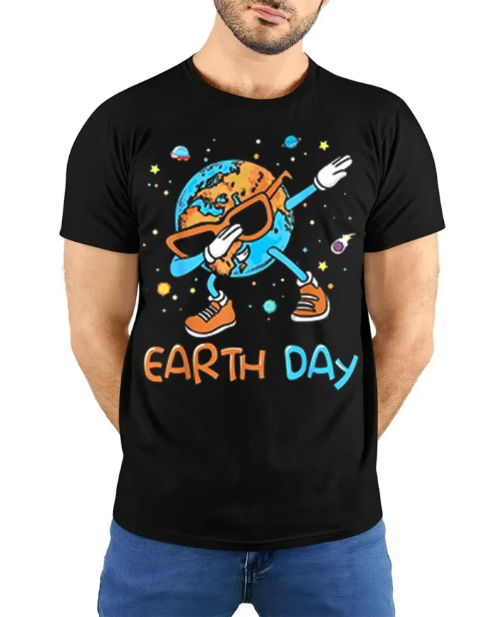 Funny Dabbing Earth Day T-Shirt - model wearing black shirt, hands behind back