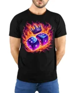 Flaming Dice and Crown Graphic T-Shirt for Game Lovers - model wearing black shirt, hands behind back