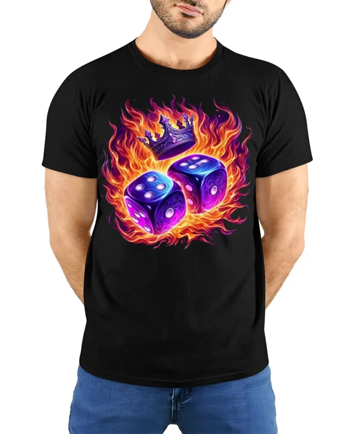 Flaming Dice and Crown Graphic T-Shirt for Game Lovers - model wearing black shirt, hands behind back