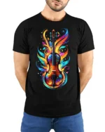 Colorful Violin Flame Art T-Shirt for Music Lovers USA - model wearing black shirt, hands behind back