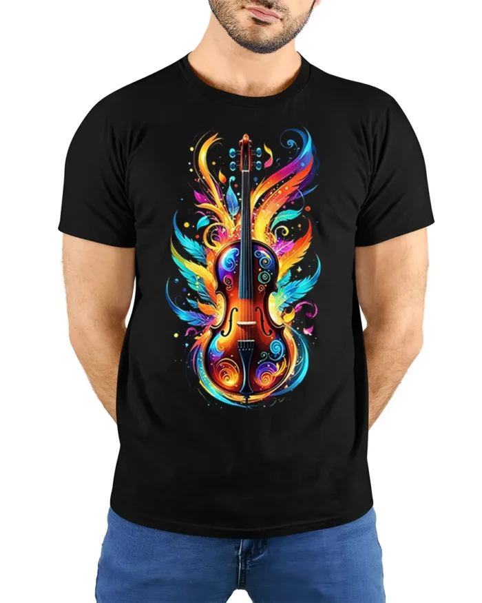 Colorful Violin Flame Art T-Shirt for Music Lovers USA - model wearing black shirt, hands behind back