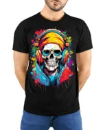Street Style Skull Headphones T-Shirt for Music Lovers - model wearing black shirt, hands behind back