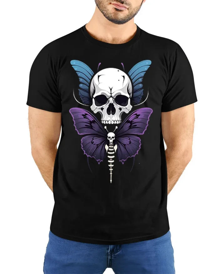 Skull Butterfly Gothic T-Shirt Dark Art Graphic Tee - model wearing black shirt, hands behind back