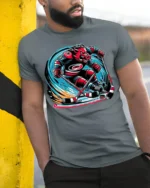 Fierce Boar Hockey Warrior Graphic T-Shirt Men’s Tee - model in grey shirt leaning against column