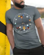 Rock and Roll Peace Sign Guitar T-Shirt Music Lovers - model in grey shirt leaning against column