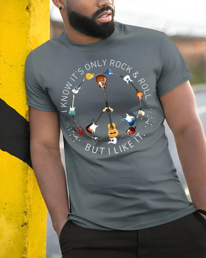 Rock and Roll Peace Sign Guitar T-Shirt Music Lovers - model in grey shirt leaning against column