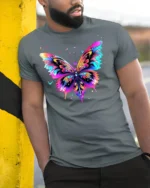 Colorful Butterfly Graphic T-Shirt Artistic Vibrant Tee - model in grey shirt leaning against column