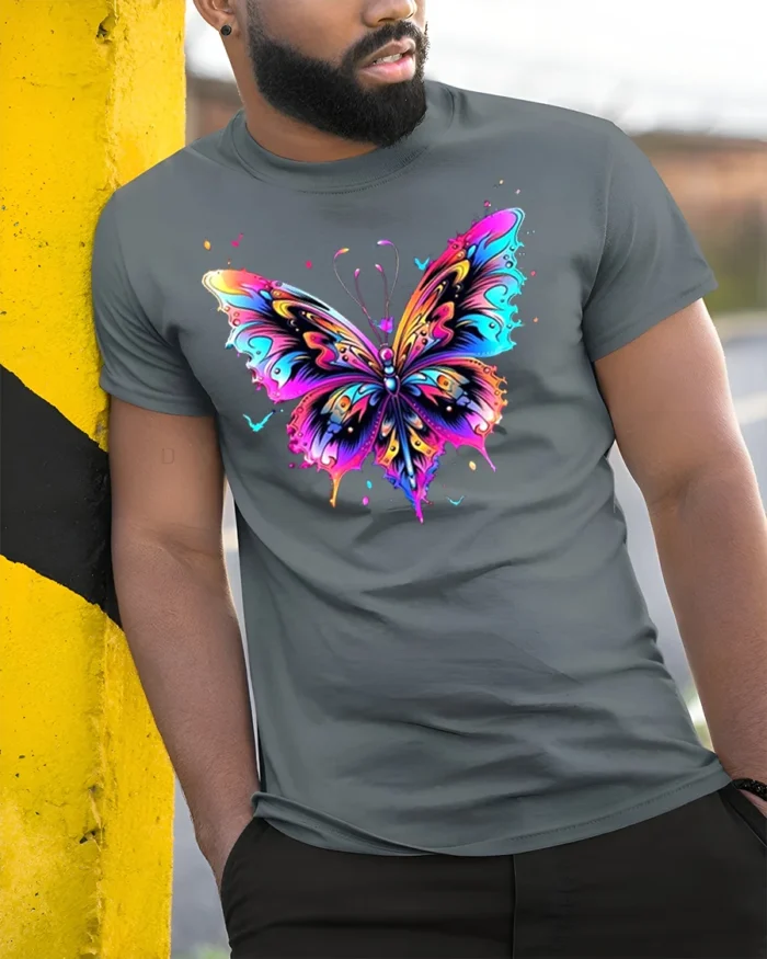 Colorful Butterfly Graphic T-Shirt Artistic Vibrant Tee - model in grey shirt leaning against column