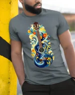 Artistic Floral Guitar T-Shirt Boho Music Lover Tee - model in grey shirt leaning against column