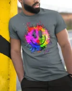 Colorful Smiley Face T-Shirt Mosaic Art Graphic Tee - model in grey shirt leaning against column