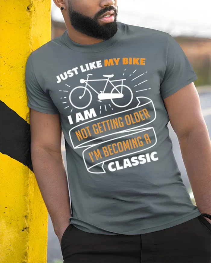 Funny Bike T-Shirt Not Getting Older I’m Classic Tee - model in grey shirt leaning against column