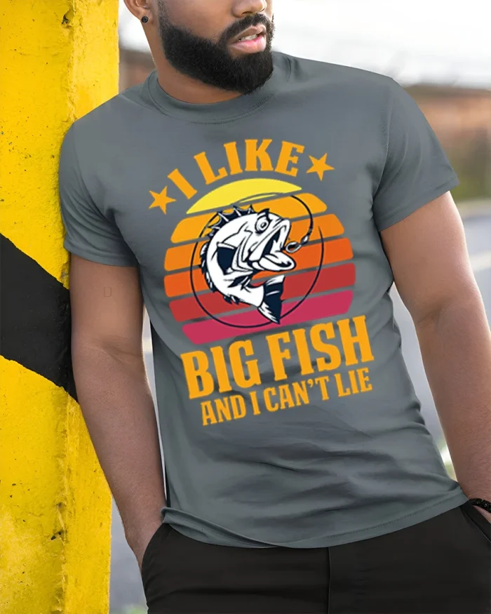 Funny Fishing T-Shirt I Like Big Fish and I Can’t Lie - model in grey shirt leaning against column
