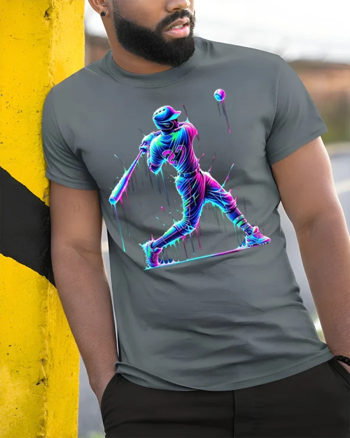 Neon Baseball Hitter Splash Art Graphic T-Shirt - model in grey shirt leaning against column