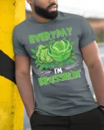 Funny Vegan T-Shirt Everyday I’m Brusselin’ Graphic Tee - model in grey shirt leaning against column