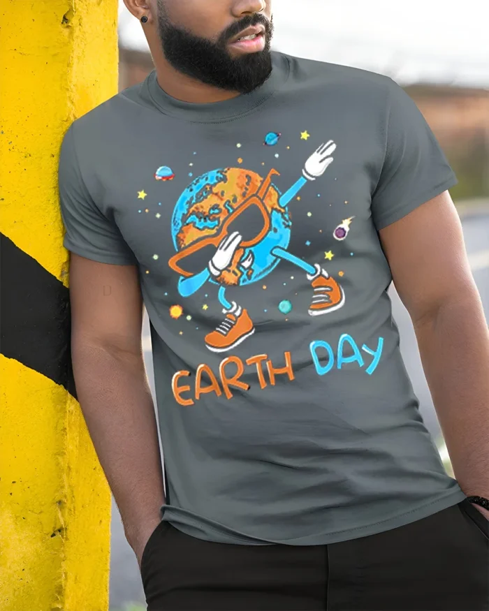 Funny Dabbing Earth Day T-Shirt - model in grey shirt leaning against column