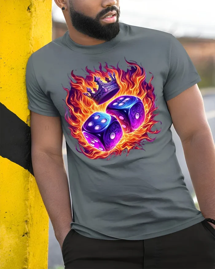Flaming Dice and Crown Graphic T-Shirt for Game Lovers - model in grey shirt leaning against column