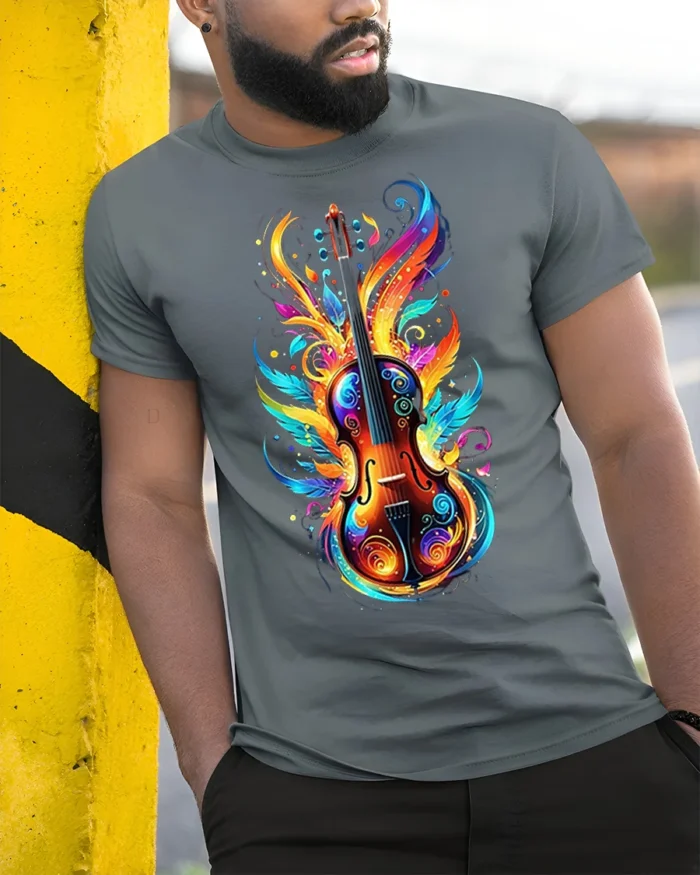 Colorful Violin Flame Art T-Shirt for Music Lovers USA - model in grey shirt leaning against column