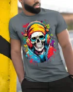 Street Style Skull Headphones T-Shirt for Music Lovers - model in grey shirt leaning against column