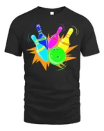 Neon Bowling Strike Graphic T-Shirt Soft Cotton - black t-shirt on white background