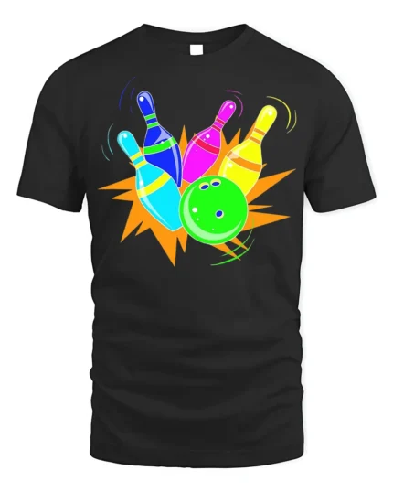 Neon Bowling Strike Graphic T-Shirt Soft Cotton - black t-shirt on white background