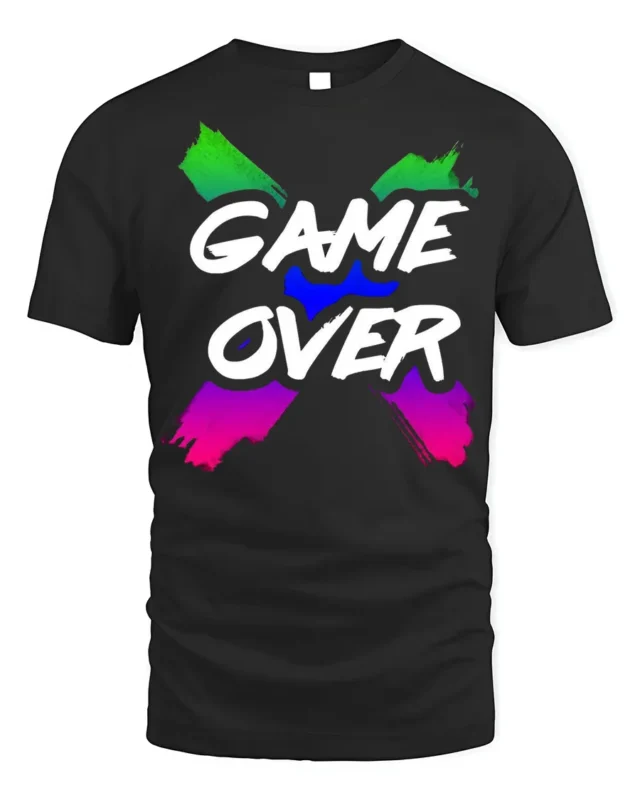 Game Over Graphic T-Shirt Soft Cotton Retro Gamer Tee - black t-shirt on white background