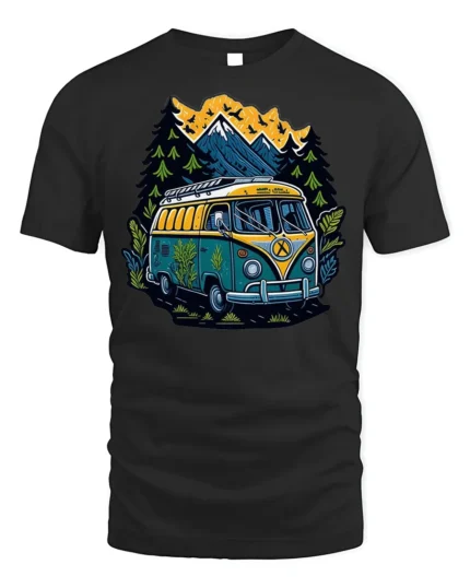 Adventure Van T-Shirt Retro Camping Tee for Nature Lovers - black t-shirt on white background