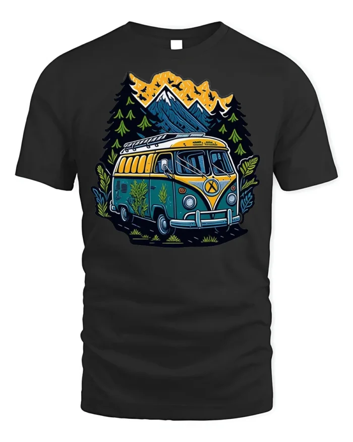 Adventure Van T-Shirt Retro Camping Tee for Nature Lovers - black t-shirt on white background